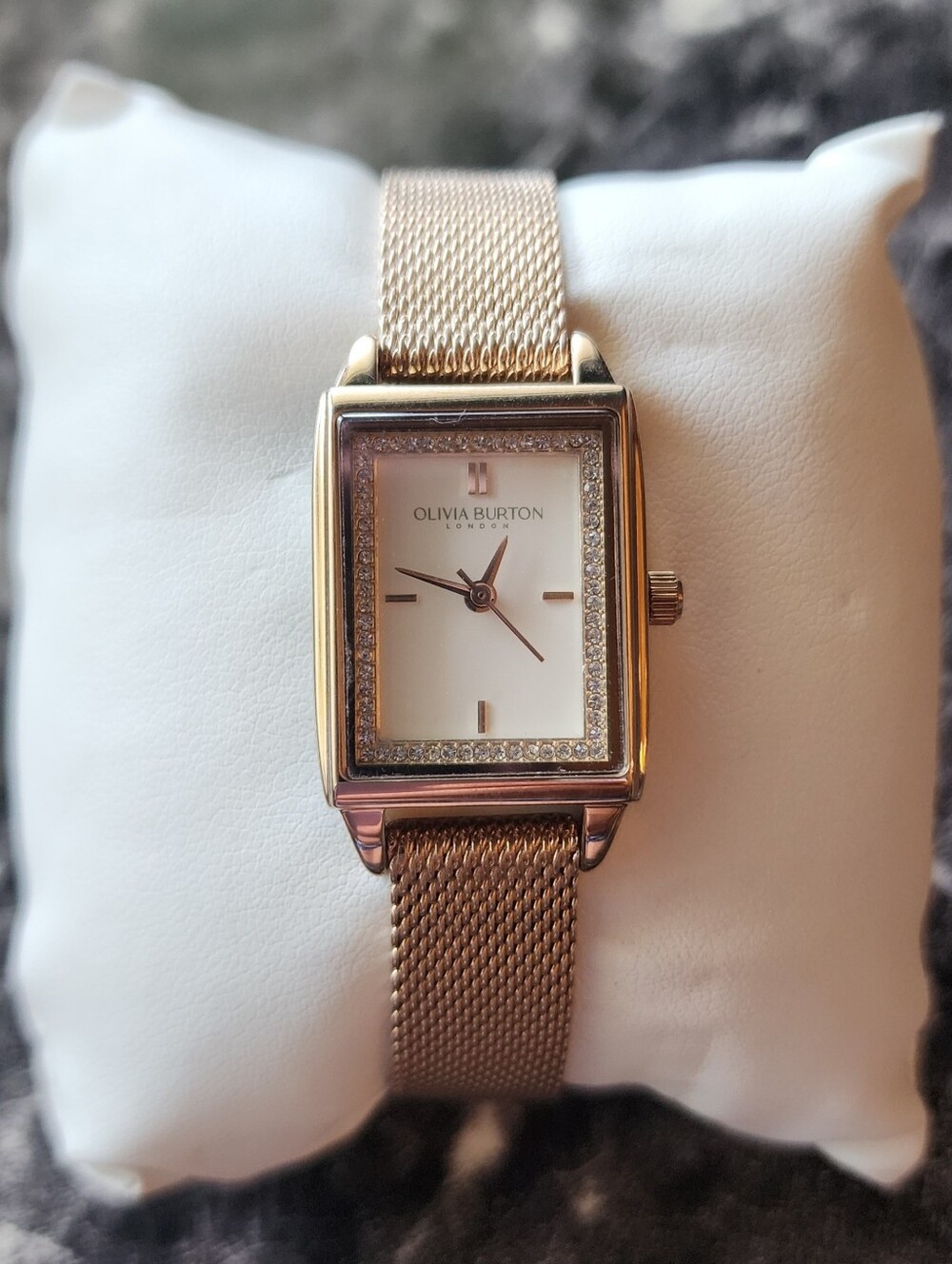 Olivia Burton Rose Gold Mesh Strap Rectangular Watch With Rhinestones